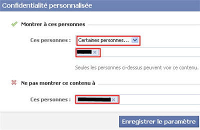 copie d'écran de la fonction confidentialité personnalisée de facebook.