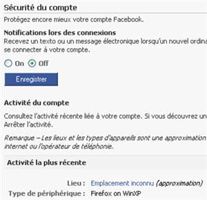 copie d'écran de l'option sécurité du compte des paramètres du compte de